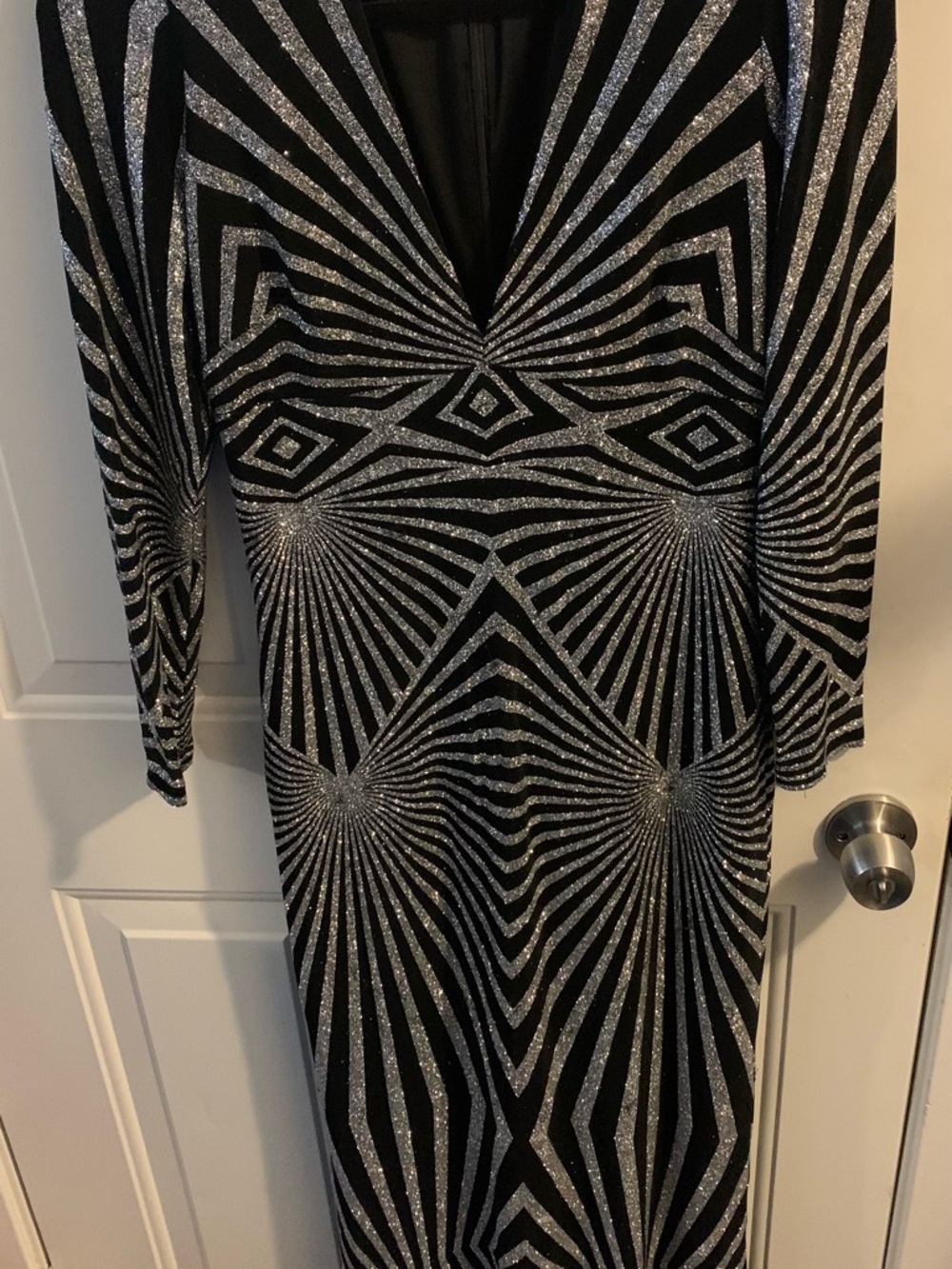 Betsy & Adam Black and Silver Geometric Sparkle Long Sleeve Dress